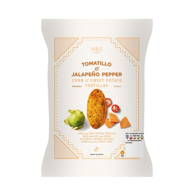 M&S Tomatillo Jalapeno Sweet Potato Tortilla Chips 150g, imported from the UK