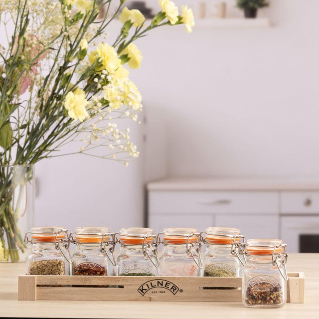 Kilner glass clip top spice jar set with wooden crate, 70ml jars, UK version
