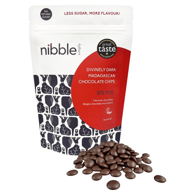 Nibble Protein dark Madagascan chocolate chips 160g, imported from the UK