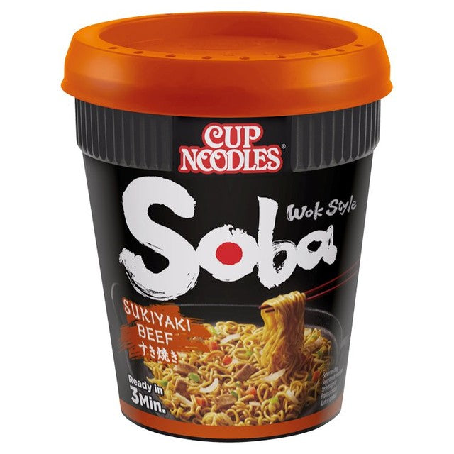 Nissin Soba Sukiyaki Beef flavour instant noodles pot 89g, imported from the UK