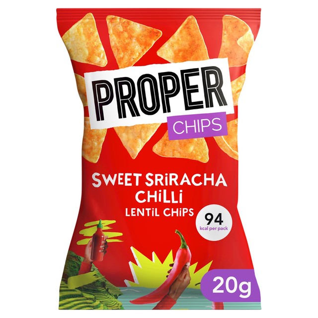Properchips sweet sriracha lentil chips 20g, imported from the UK