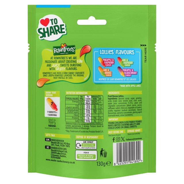 Rowntrees Fruit Pastilles Lollies sharing pouch 130g - British product