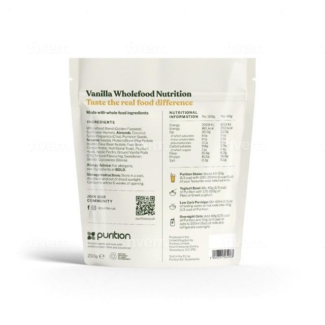 Purition vanilla wholefood nutrition powder 250g, imported from the UK