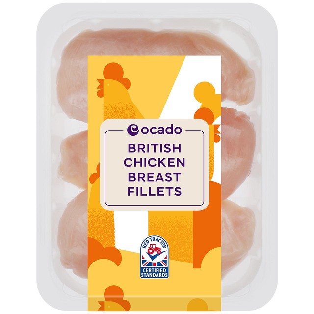 Ocado skinless boneless chicken breast fillets 650g, imported from the UK