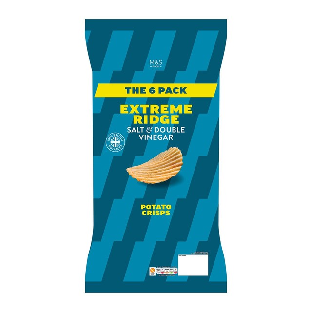 M&S Salt & Double Vinegar Extreme Ridge Cut Crisps 6 pack, imported from the UK