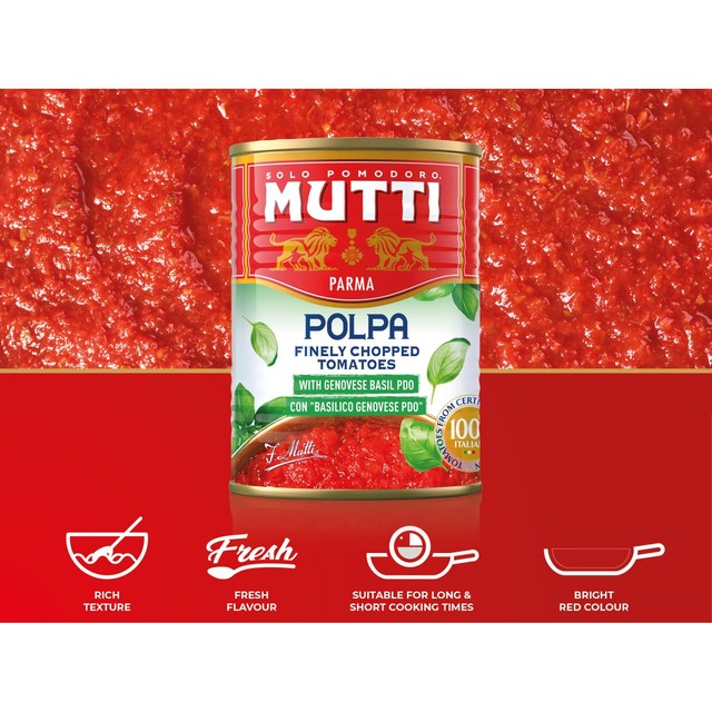 Mutti chopped tomatoes with basil 400g, imported from the UK