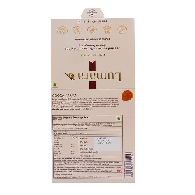 Lumara Cocoa Karma roasted chana sattu hot chocolate mix 40g, UK version