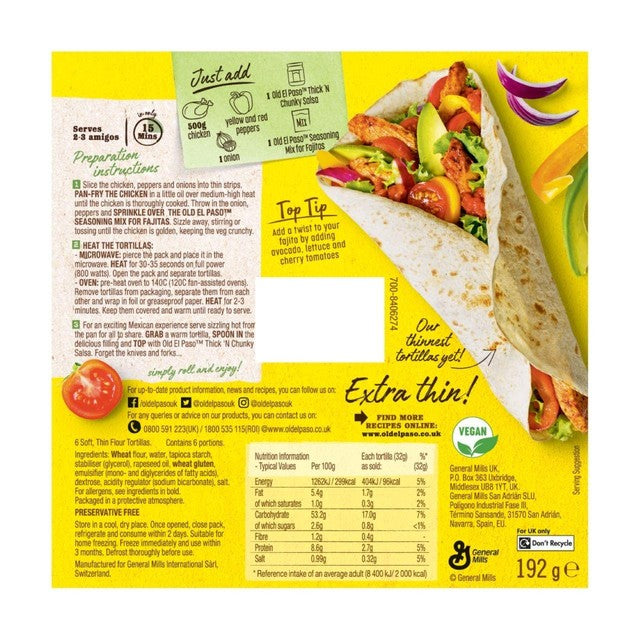 Old El Paso extra thin tortilla wraps 6 pack, imported from the UK.