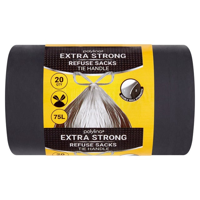 Polylina extra strong tie handle refuse sacks 75L, imported from the UK