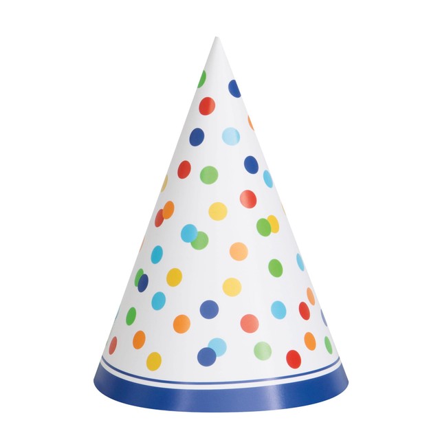 Unique Party Rainbow Polka Dot Party Hat Pack of 8, imported from the UK