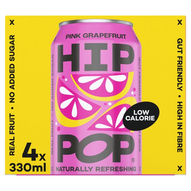 Hip Pop pink grapefruit sparkling drink 4 x 330ml cans, UK version