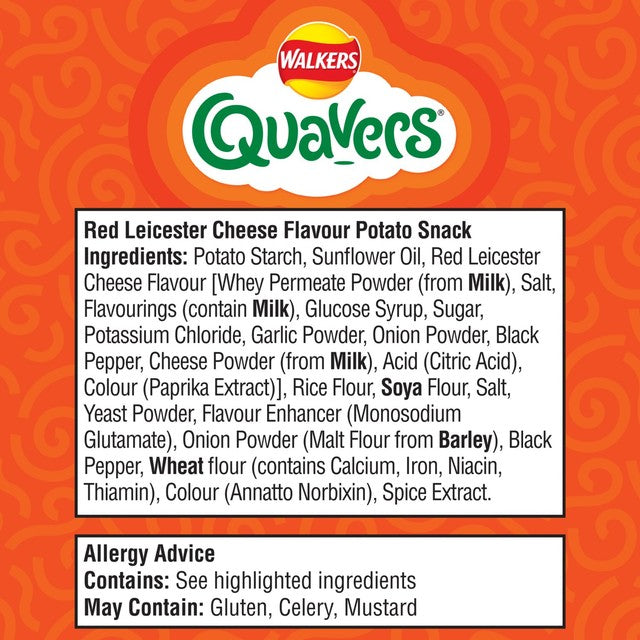 Quavers Red Leicester Cheese Flavour crisps 6 pack, imported from the UK