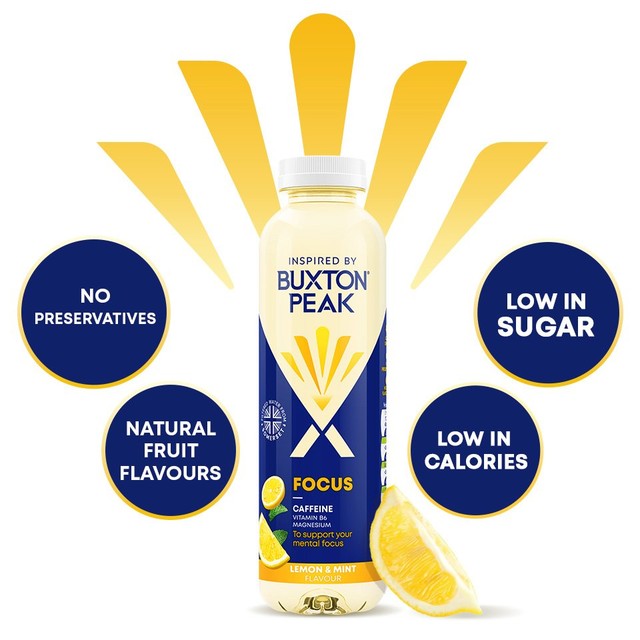 Buxton Peak Focus lemon mint vitamin water with caffeine (British brand)