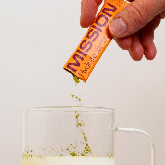 MISSION Hydrate Matcha Powder Sachets with Orange and Yerba Mate, imported from the UK