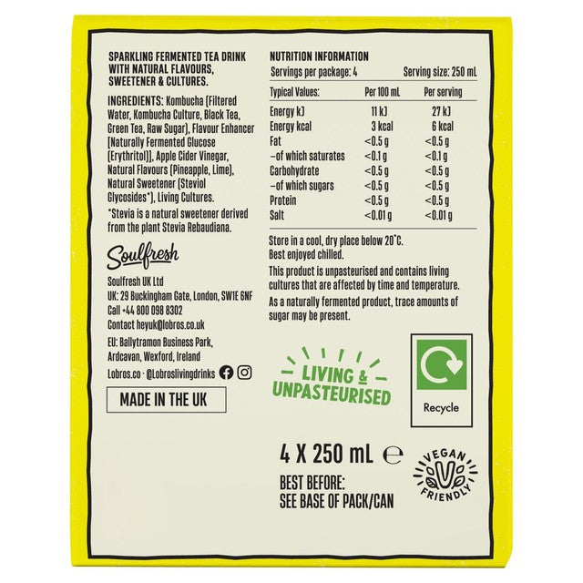 Lo Bros pineapple and lime kombucha multipack 4x250ml, UK version