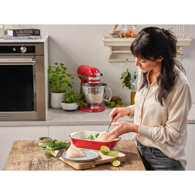 KitchenAid Empire Red stoneware rectangular casserole dish with bamboo lid 32cm, UK version