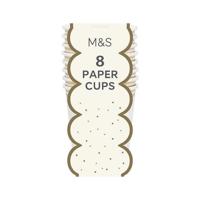 M&S white and gold paper cups 250ml 8 pack, imported from the UK