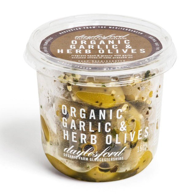 Daylesford Organic Garlic & Herb Olives pitted green olives (British brand)