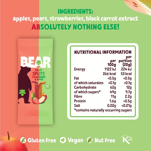 Bear fruit bars strawberry and apple 5 x 20g - British product