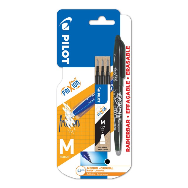 Pilot FriXion Ball erasable rollerball pen with 3 black refills, imported from the UK