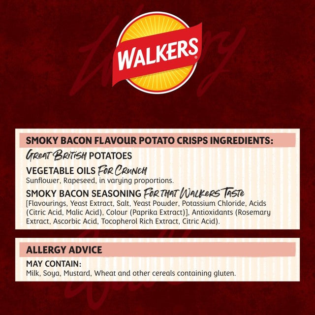 Walkers Smoky Bacon Crisps multipack 6 bags (British brand)