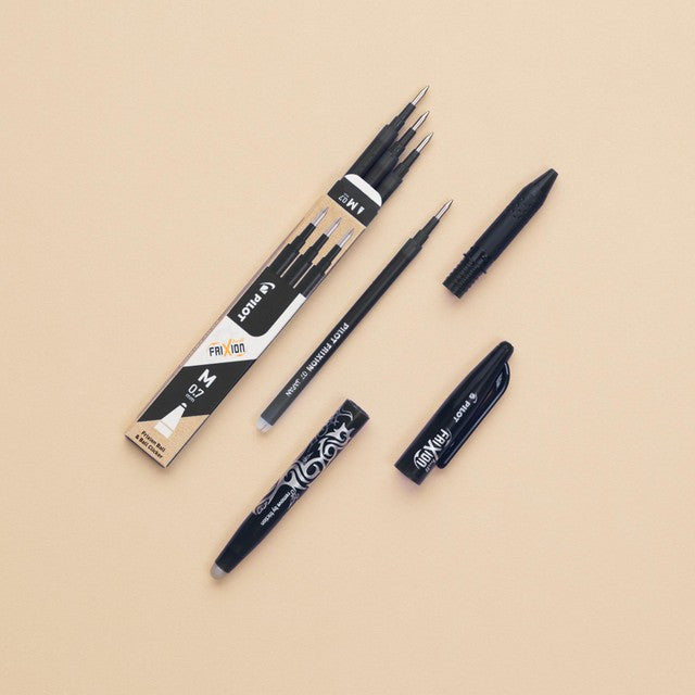 Pilot FriXion Ball erasable rollerball pen with 3 black refills, imported from the UK