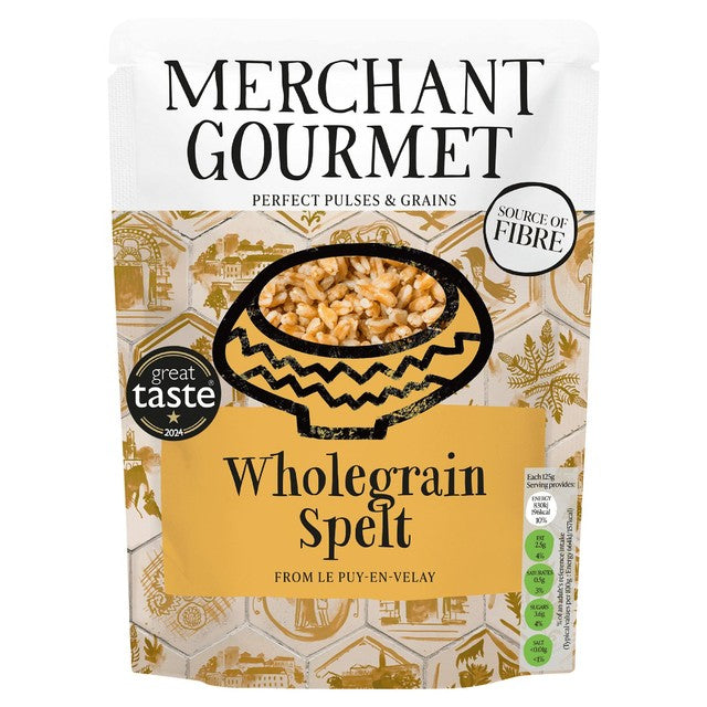 Merchant Gourmet cooked wholegrain spelt with olive oil 250g, imported from the UK
