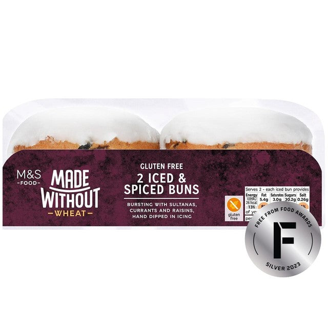 M&S gluten-free iced buns with orange soaked vine fruits pack of 2, imported from the UK