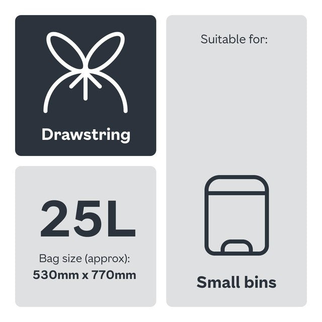 Ocado small tie handle pedal bin liners 25L, imported from the UK