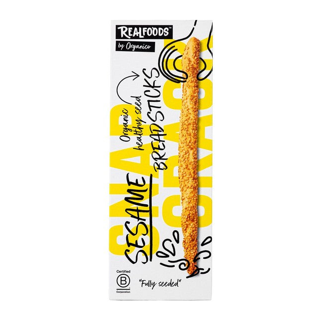 Realfoods organic sesame breadsticks 120g, imported from the UK