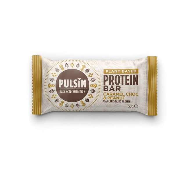 Pulsin caramel choc & peanut vegan protein bar 50g, imported from the UK