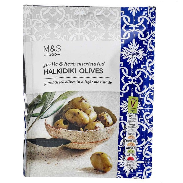 M&S Garlic and Herb Halkidiki olives 70g, imported from the UK