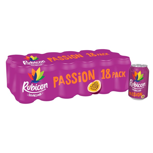 Rubicon Sparkling Passion Fruit soft drink 18x330ml, imported from the UK