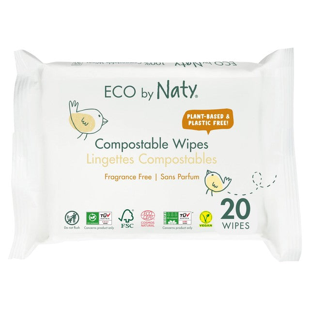 Naty compostable baby wipes unscented travel pack 20 pack, imported from the UK