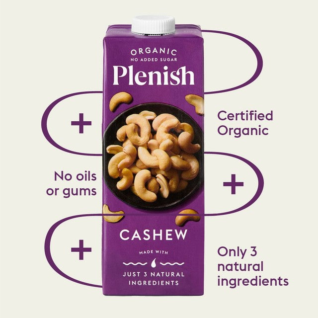 Plenish organic cashew drink unsweetened 1L, imported from the UK