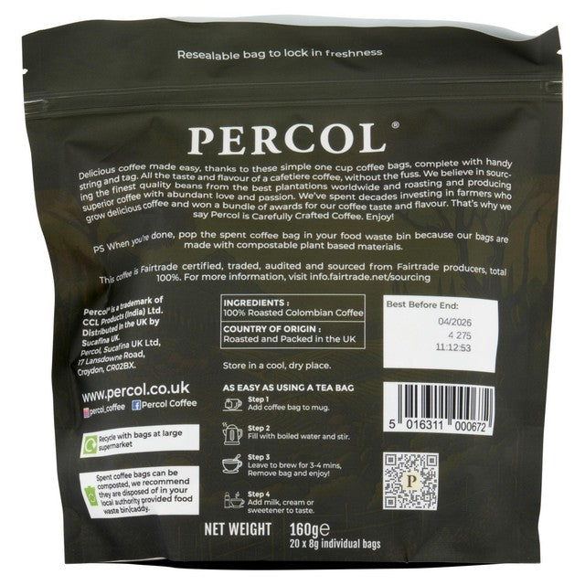 Percol Colombian Fairtrade coffee bags 20 pack, imported from the UK
