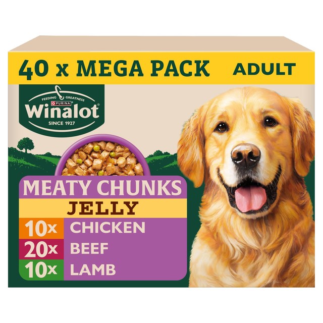 Winalot Meaty Chunks wet dog food pouches, imported from the UK