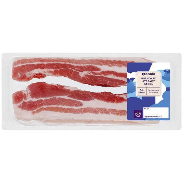 Ocado unsmoked streaky bacon rashers 300g, imported from the UK