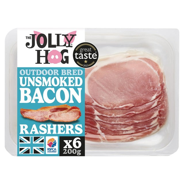 Jolly Hog unsmoked dry cured back bacon rashers 200g (British brand)