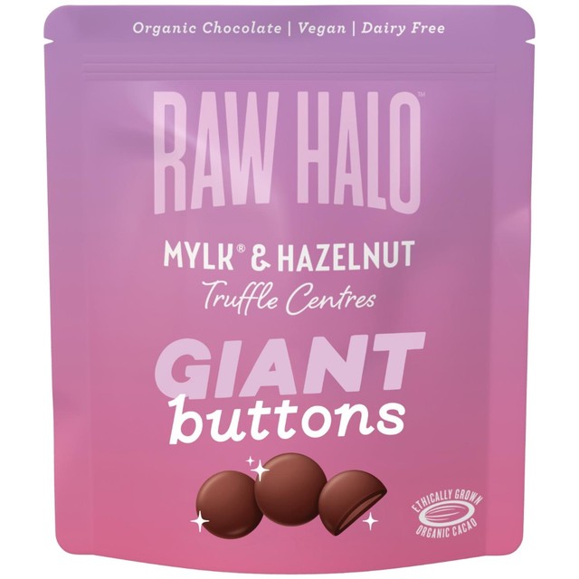 Raw Halo vegan chocolate buttons with hazelnut 90g, imported from the UK