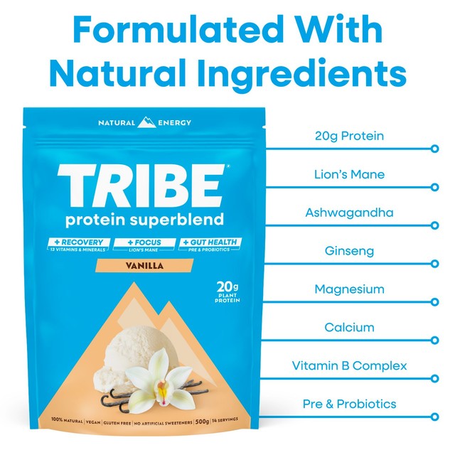 TRIBE Superblend vanilla protein powder, UK version