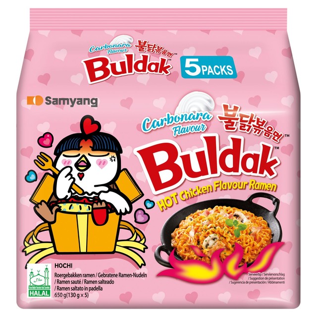 Buldak hot chicken carbonara ramen noodles multipack, UK version