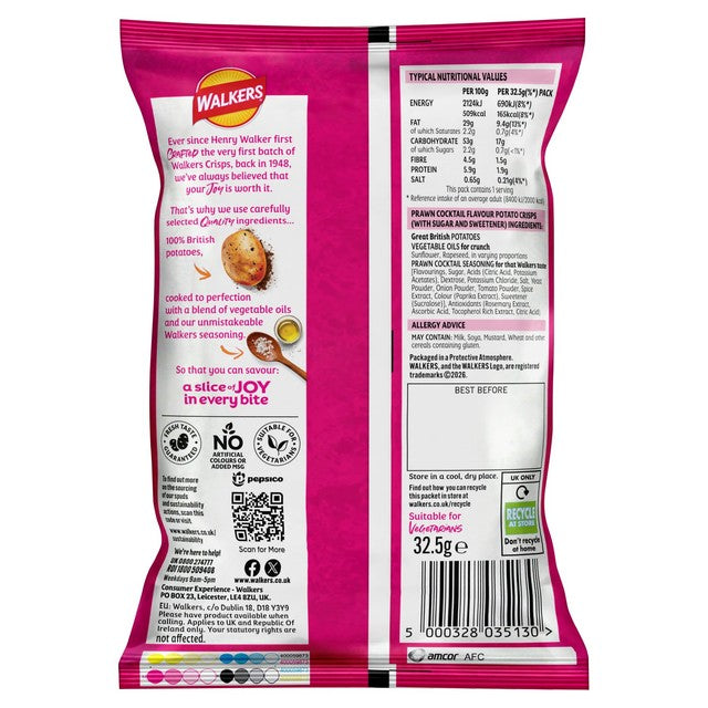 Walkers Prawn Cocktail crisps bag, 32.5g (British brand)