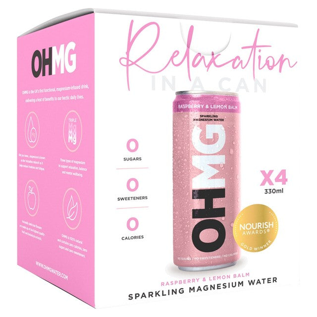 OHMG Raspberry Sparkling Magnesium Water 4 x 330ml, imported from the UK