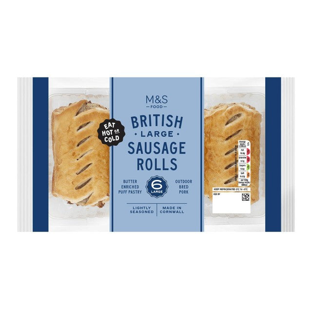 M&S large pork sausage rolls 6 pack 360g, imported from the UK