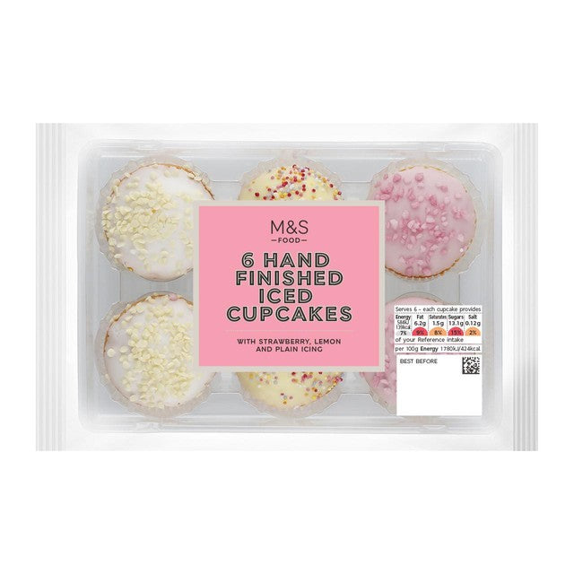 M&S iced cupcakes with strawberry, lemon, and plain icing, 6 pack, imported from the UK