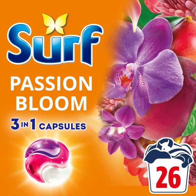 Surf Passion Bloom laundry detergent capsules 26 washes (British brand)