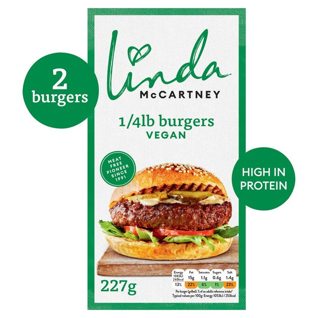 Linda McCartney vegetarian quarter pounder burgers 227g, UK version