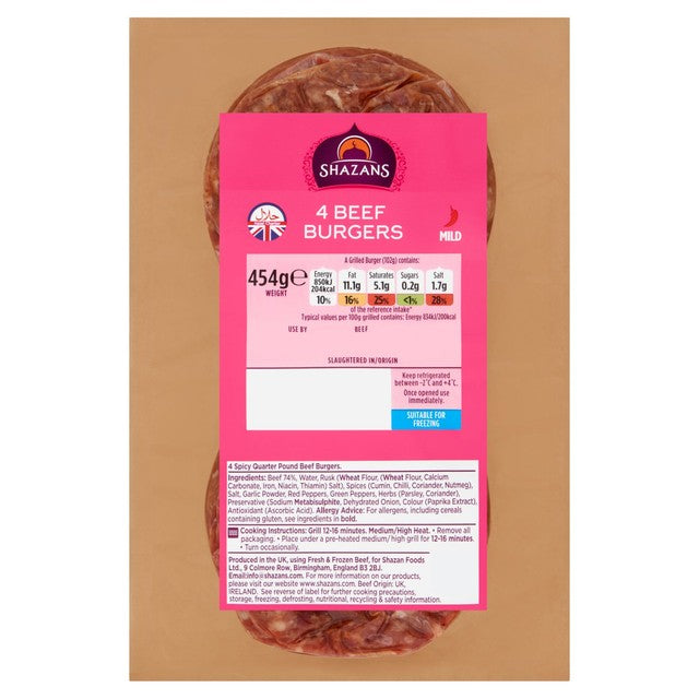 Shazan scharfe Viertelpfund-Rinderburger 454g (britische Marke)