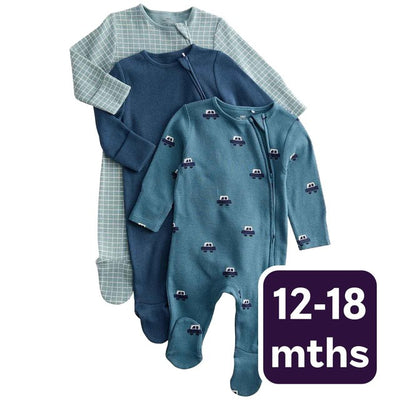M&S Boys Pure Cotton Car Print Sleepsuits Navy Mix Baby Sleepsuits 12-18 M
